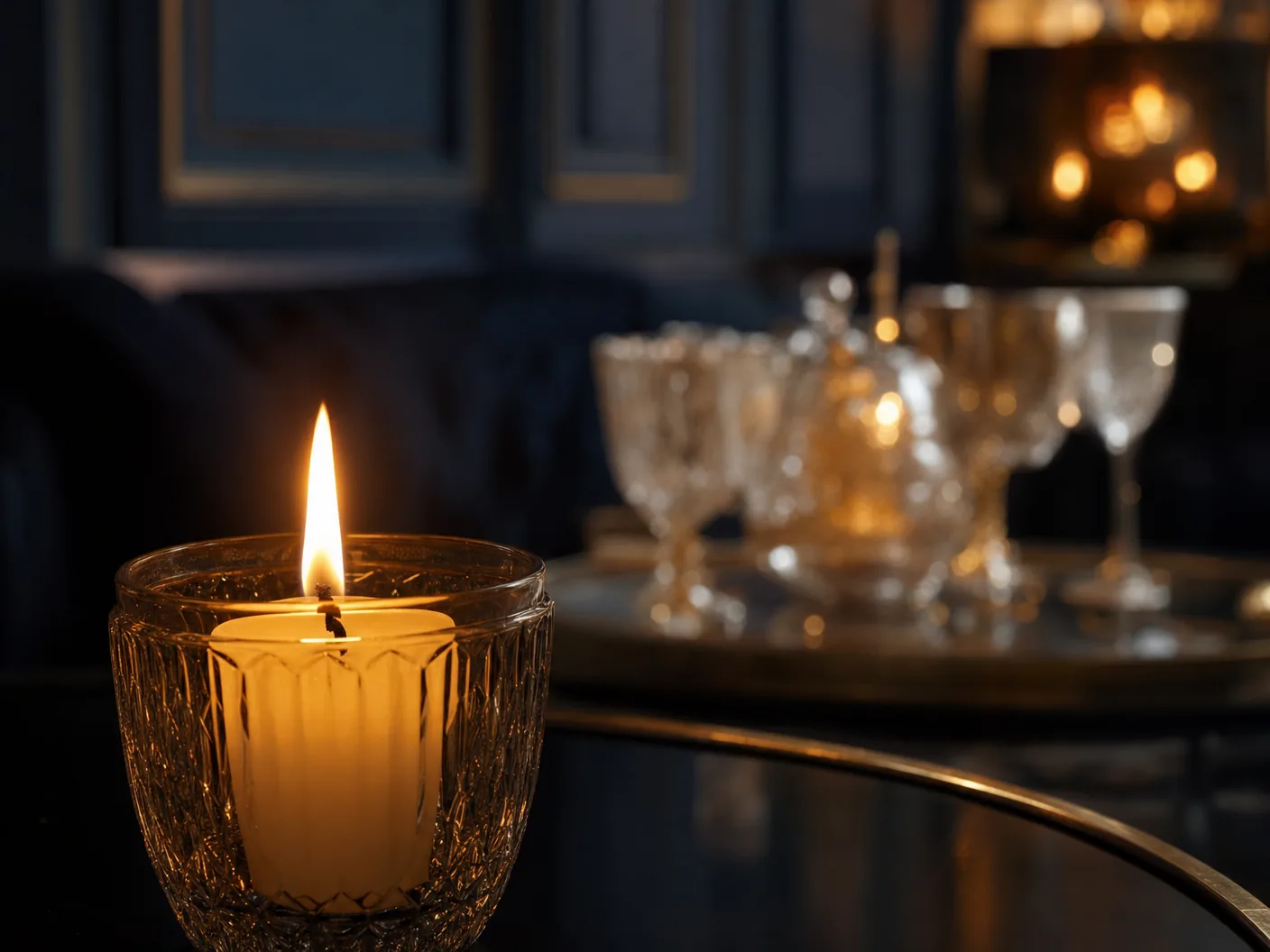 A single warm flame against deep navy darkness — low-lit lounge atmosphere