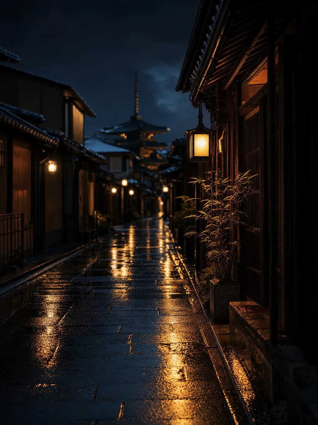 Kyoto Gion alley at night, rain-wet stone, lantern glow