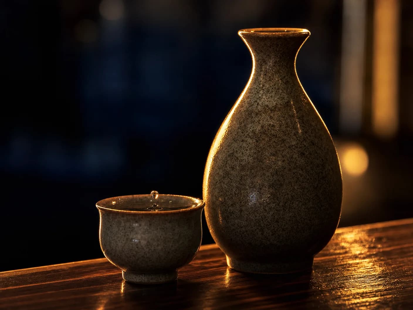 Japanese sake bottle on a dark counter under warm gold rim light
