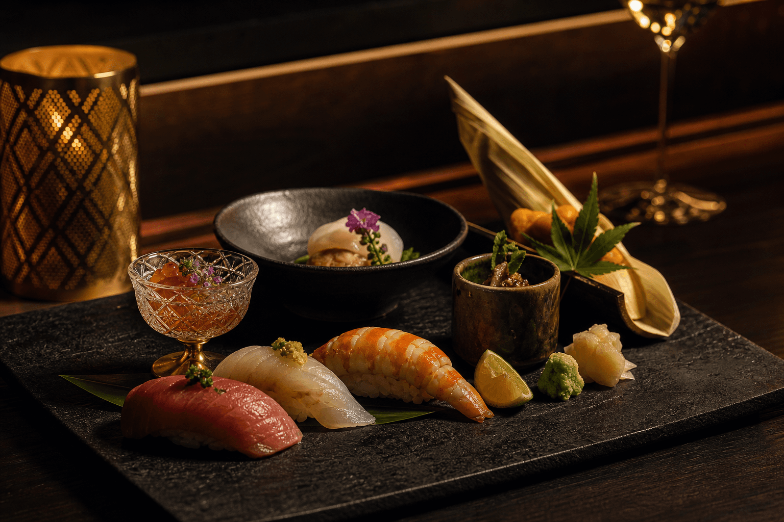 Elegant sushi platter and seasonal dishes on a dark counter under warm ambient light