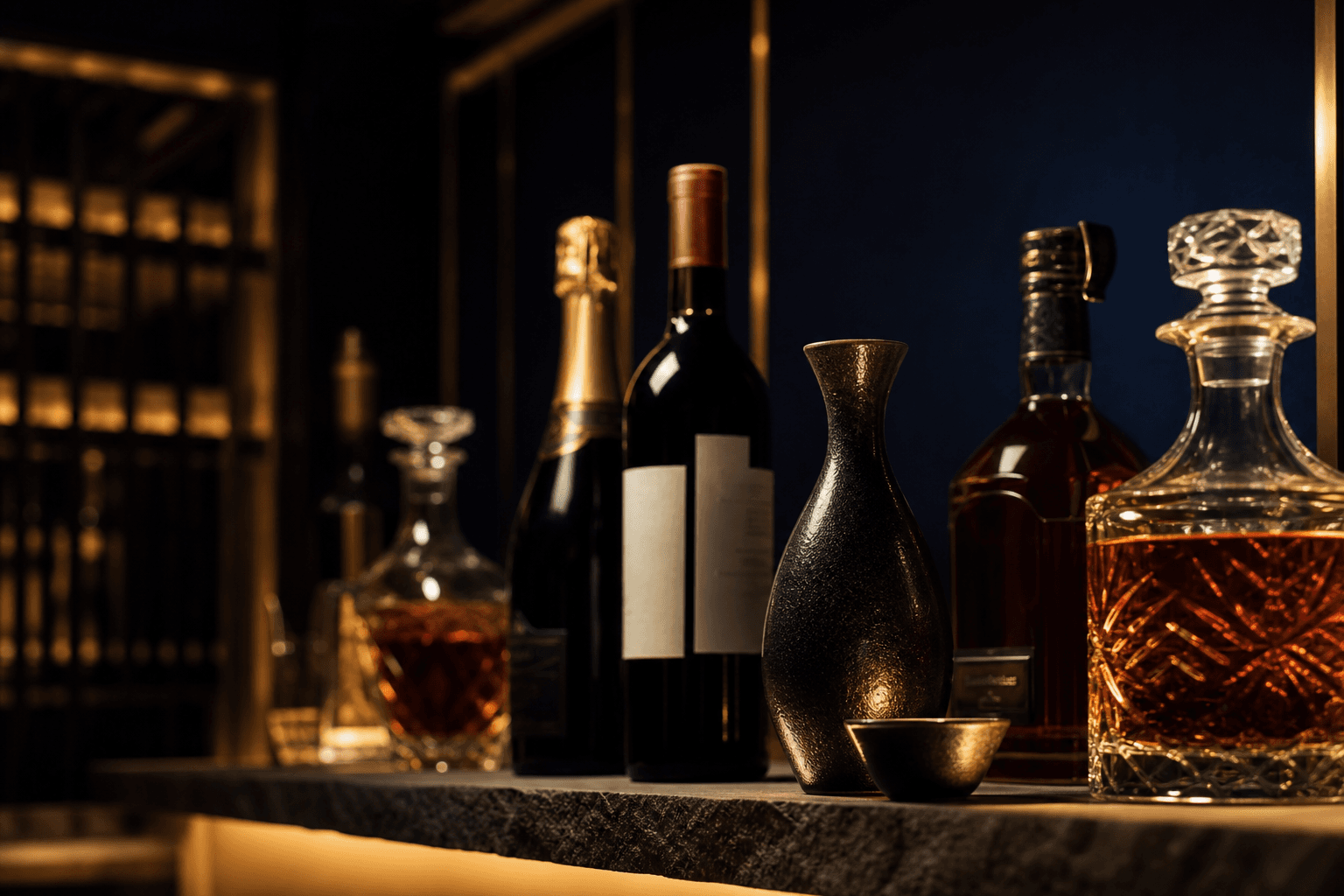 Curated bar shelf with sake, wine, champagne and whisky bottles in warm gold rim light