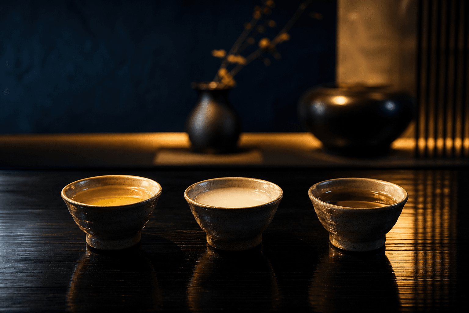 Three ochoko cups with different sake pours on a dark lacquered counter under warm gold light